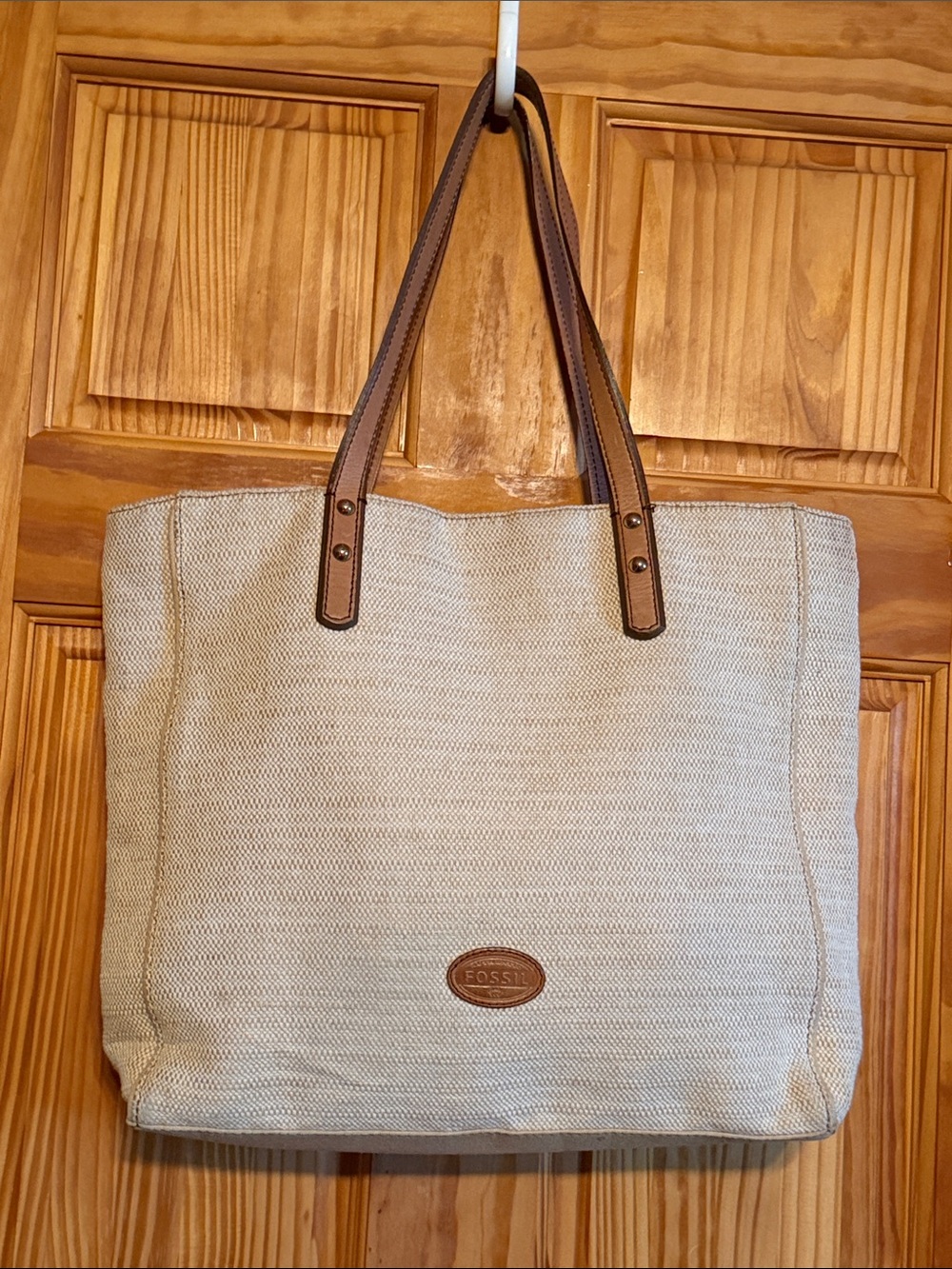 Fossil Zoey Tote- Natural Canvas with Brown Leather Handles